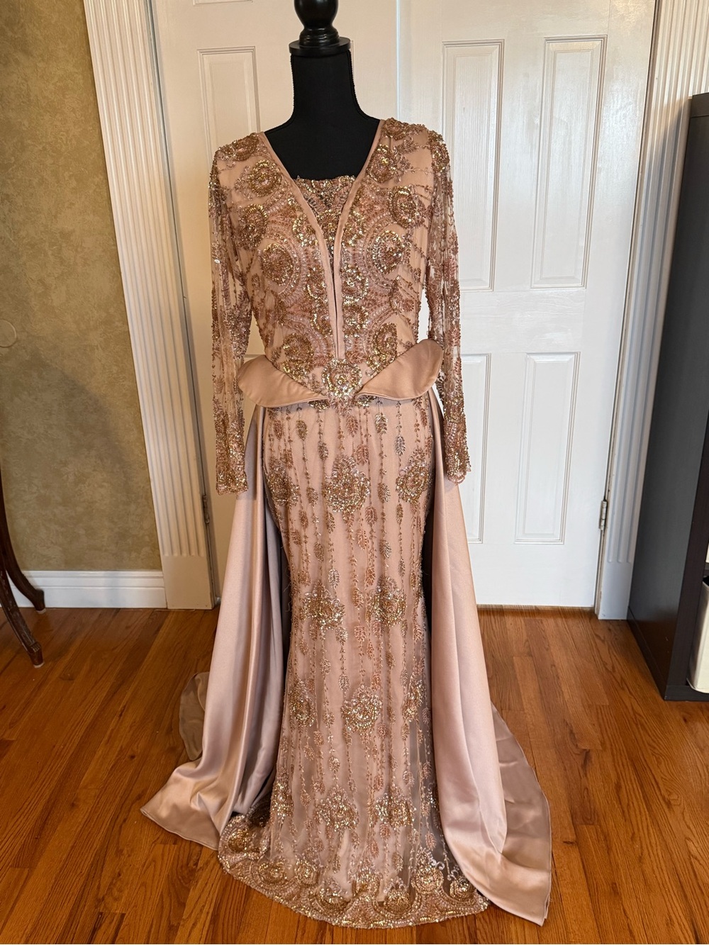 CUSTOM MADE Blush Pink Beaded Evening Gown with Draped Train